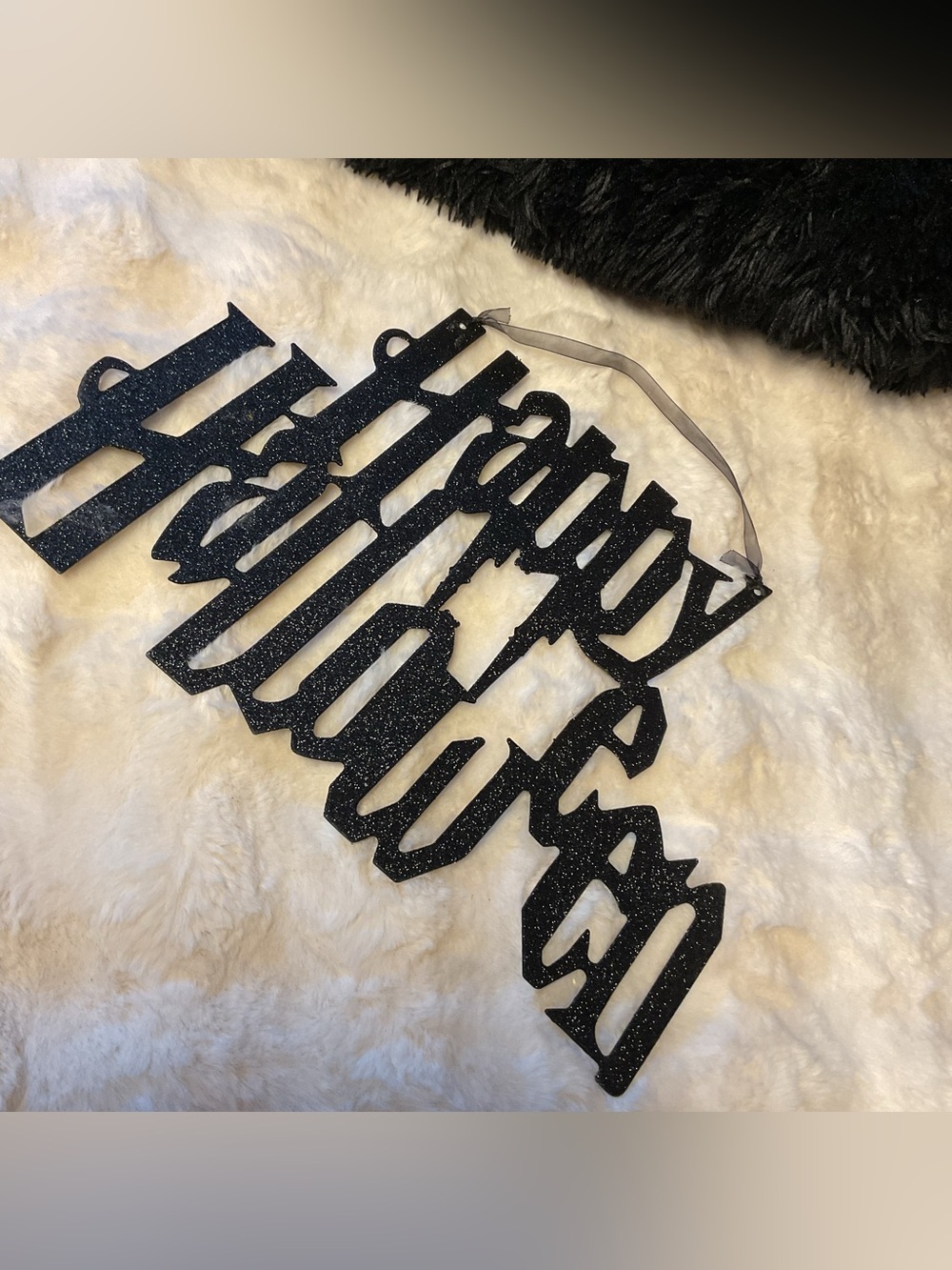 Handcrafted Happy Halloween Glitter Hanging Sign - Black
